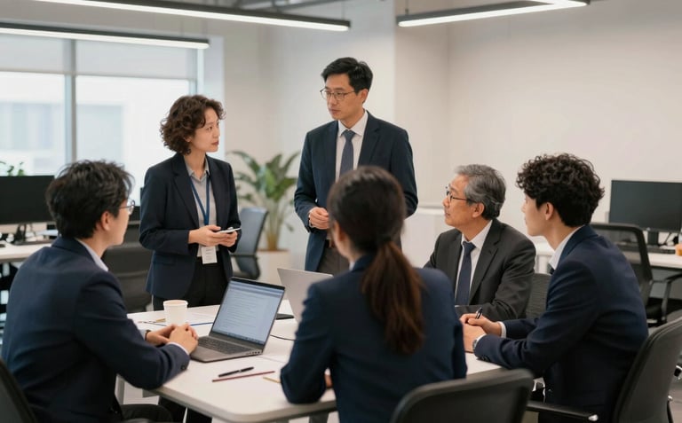 A modern, bright North American workspace where people are engaged in a collaborative discussion around a table. The scene emphasizes professional cooperation, featuring charcoal navy and off-white accents in the interior design.