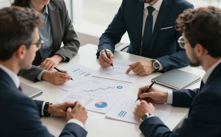 A strategic planning session with professional advisors around a table, looking at growth charts and market analysis in Mato Grosso. Lighting is sophisticated with dark navy and pale mist accents.