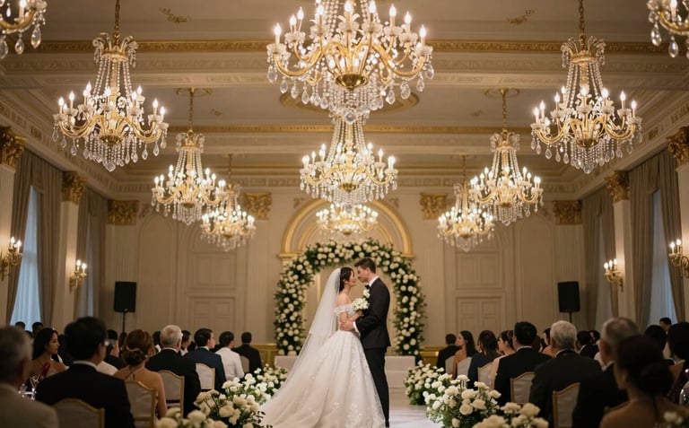 Cinematic photography of a luxury wedding ceremony in a grand Romanian ballroom, golden lights reflecting off crystal chandeliers, high-end film aesthetic.