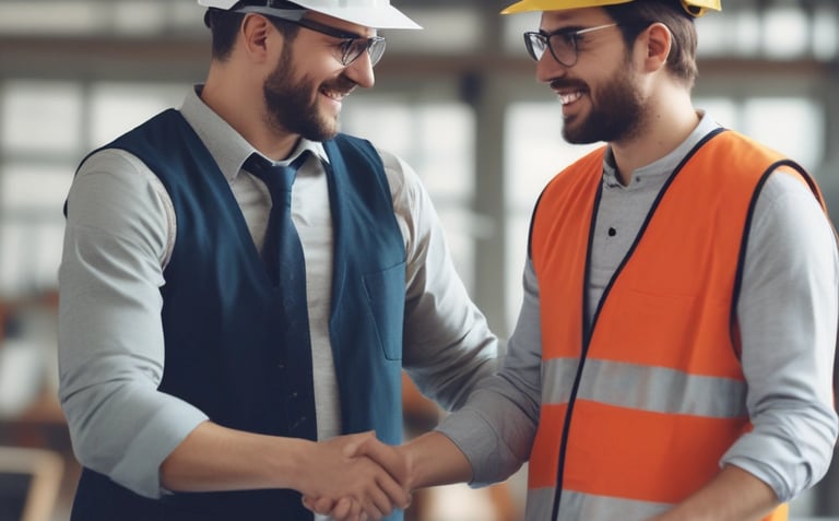 two men shaking hands in a building