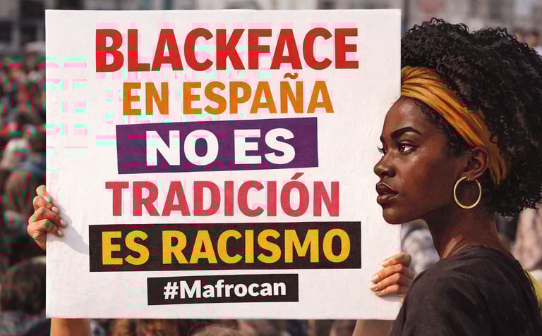 una mujer sujetando un cartel contra el blackface