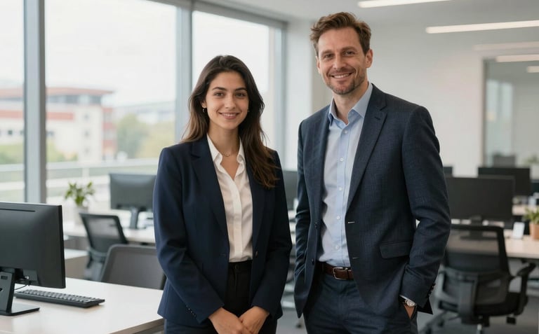 An elegant portrait of a student and teacher in a modern, light-filled office space with a view of Courbevoie. The style is professional and welcoming, with neutral colors and professional attire.