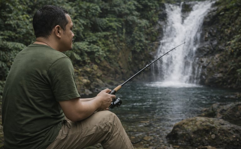 armando memancing di aliran sungai air terjun di hutan