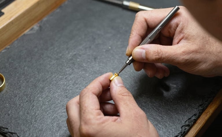 A master jeweler's hands working with precision tools on a gold setting. The scene is shot from above on a dark slate grey workbench with warm cream light focusing on the meticulous work.