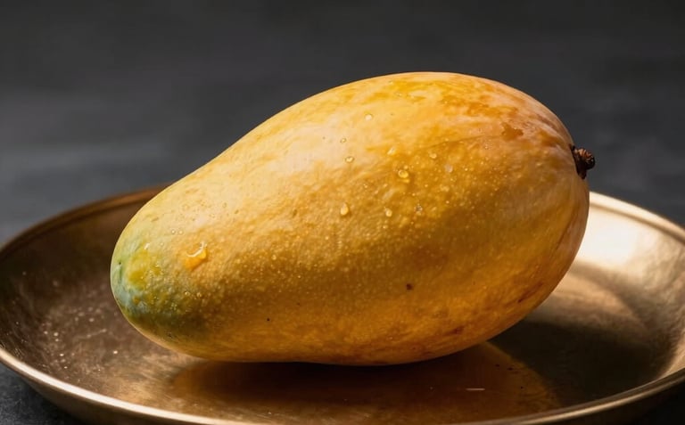 A professional studio photograph of a single, perfect golden Sindhri mango resting on a textured bronze platter. The lighting is soft and cinematic, highlighting the smooth skin and rich color. A dark, sophisticated background creates a premium South Asian aesthetic.