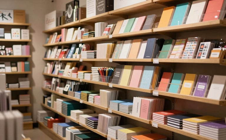 A wide photography shot of an organized South American stationery store interior, showcasing shelves with colorful paper, notebooks, and writing materials under warm, soft lighting.