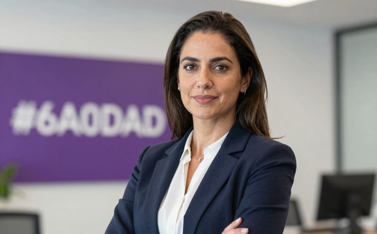 Professional portrait of Tielen Ribeiro, founder of Zempreender. She is dressed in business casual, looking confident and approachable. The background is a soft-focus office with a hint of purple (#6A0DAD) branding.