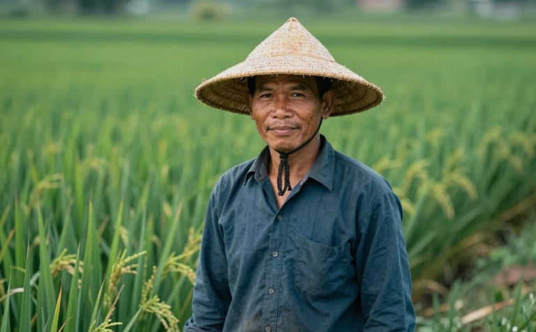 A portrait of a Thai farmer in a traditional hat standing proudly in a rice field, captured with professional editorial lighting. The colors emphasize the deep greens of #1E3A2F and #4A6C5B.