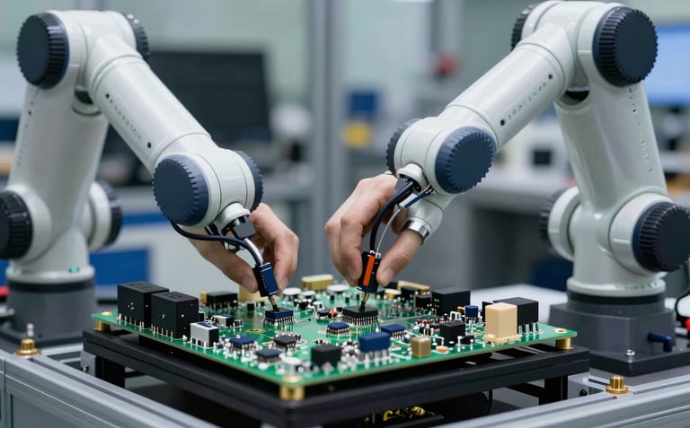 A macro photograph of automated robotic arms placing tiny components on a circuit board in a high-tech facility in North America, with sharp focus and professional lighting.