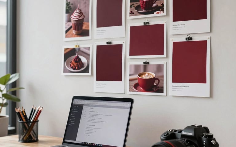A creative agency workspace with a laptop, a professional camera, and a moodboard pinned with food photography and deep crimson color swatches in a bright North American office.