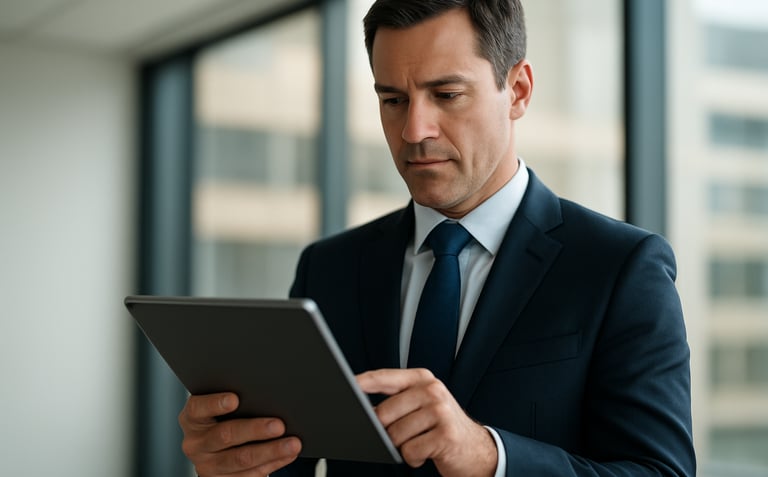 A close-up of a professional manager using a sleek tablet in a modern office. Clean lines, soft daylight, focusing on the interface and a confident expression. North American setting.