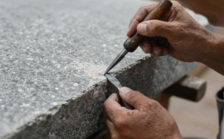 Close-up of an expert craftsman in a Mexican workshop, using traditional tools to refine the edge of a large, luxurious grey stone slab, focus on texture and skill.
