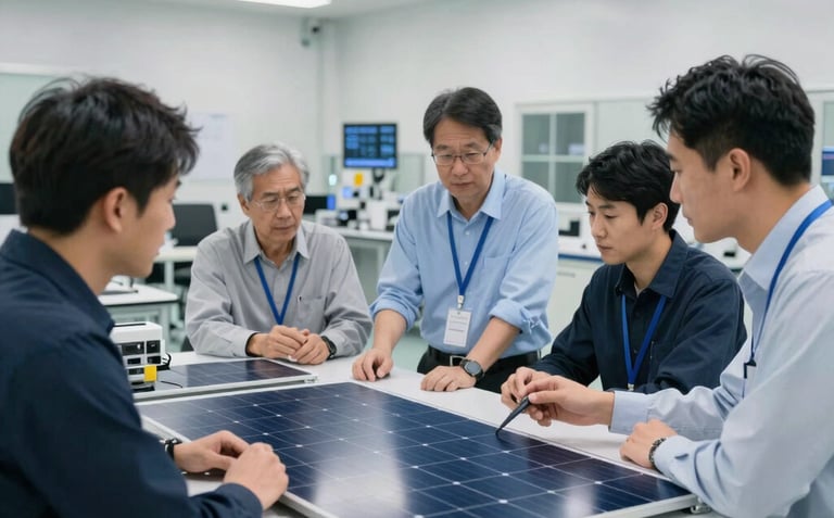 Professional photography of an East Asian / International Business setting inside a modern solar research facility. Engineers are collaborating around a large table, examining sleek solar cell prototypes in a bright lab.