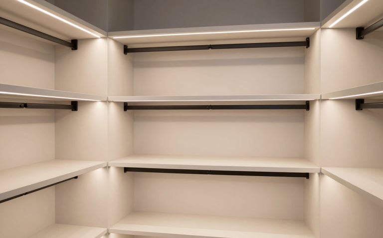 A professional interior photograph of a custom walk-in closet in a North American / Miamian home, featuring soft ivory shelving, integrated LED lighting, and sleek black hardware, clean editorial style.