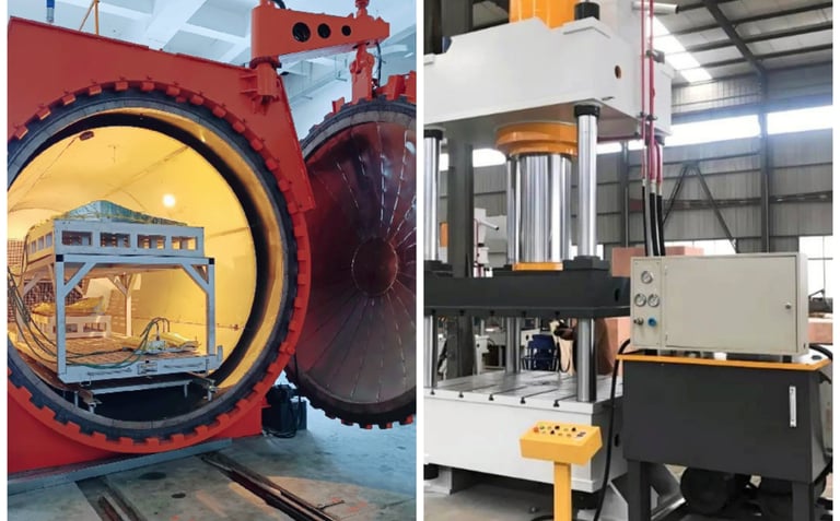 Industrial composite autoclave machine and hydraulic press for manufacturing aerospace components.