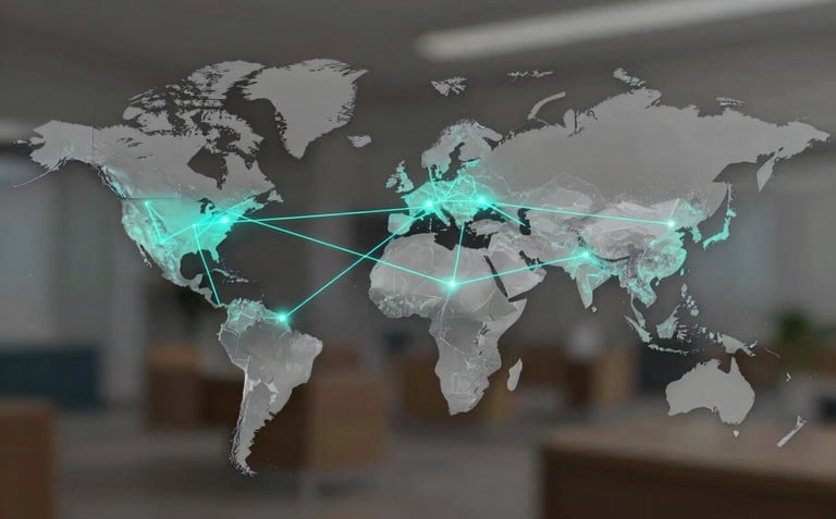 A graphic illustration or professional photograph showing a world map with glowing teal lines connecting major port cities, representing the TeamX global trading network. Style is minimalist and professional.