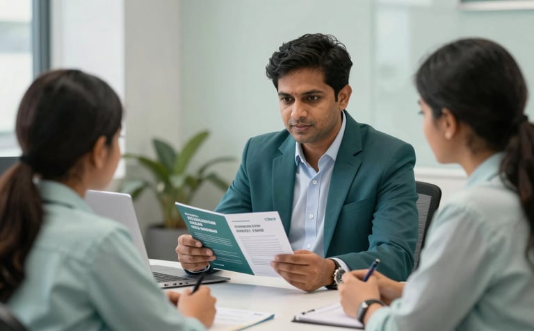 A professional South Asian / Indian educational consultant in a modern Hyderabad office, sitting across a desk from a student and their parent, showing them a brochure about medical education in deep teal and pale mist colors.
