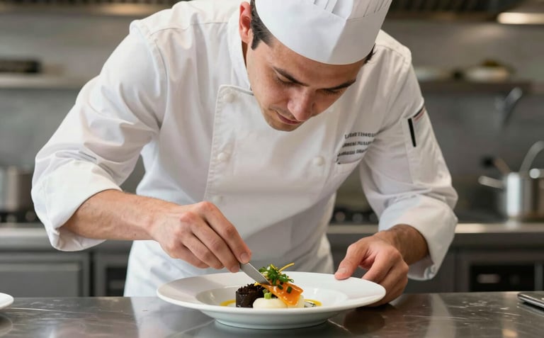 A professional chef in a clean white uniform meticulously plating a sophisticated dish in a modern kitchen. Elegant and focused atmosphere. European / Português attire.