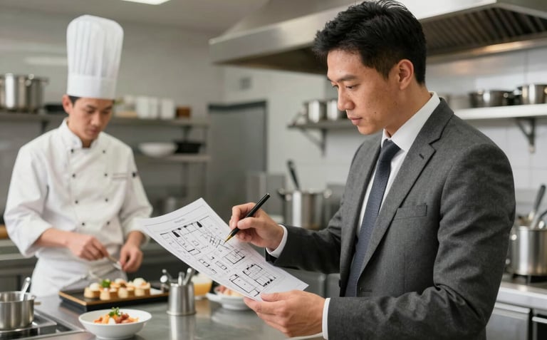 A professional hospitality consultant in business attire reviewing a floor plan with a chef in a modern, clean restaurant kitchen. Bright, industrial lighting. Global B2B.