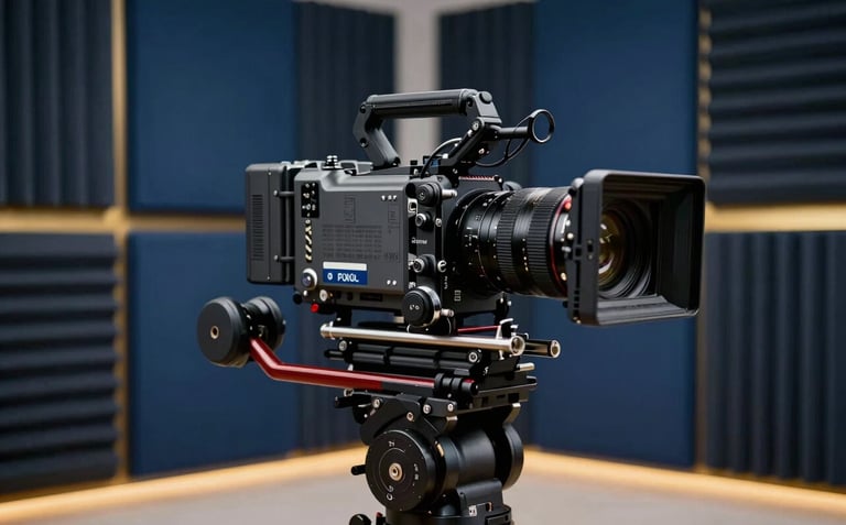 A close-up photograph of a professional cinema camera mounted on a stabilization rig. The setting is a sleek, modern studio with Obsidian Blue acoustic panels and soft Burnished Gold accent lighting.