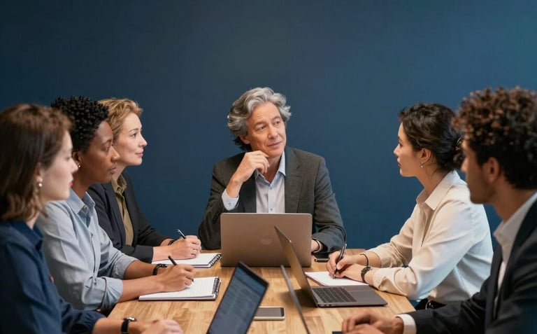 A side-view photograph of a diverse group of Australian professionals in a boardroom meeting, focused on a collaborative discussion with notebooks and laptops, set against a dark blue wall with soft overhead lighting.