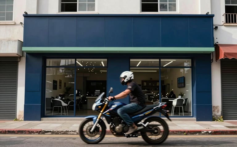 A high-speed blur of a motorcycle passing by a modern storefront with industrial midnight blue and sage accents in a South American / Brazilian urban area near a racetrack.