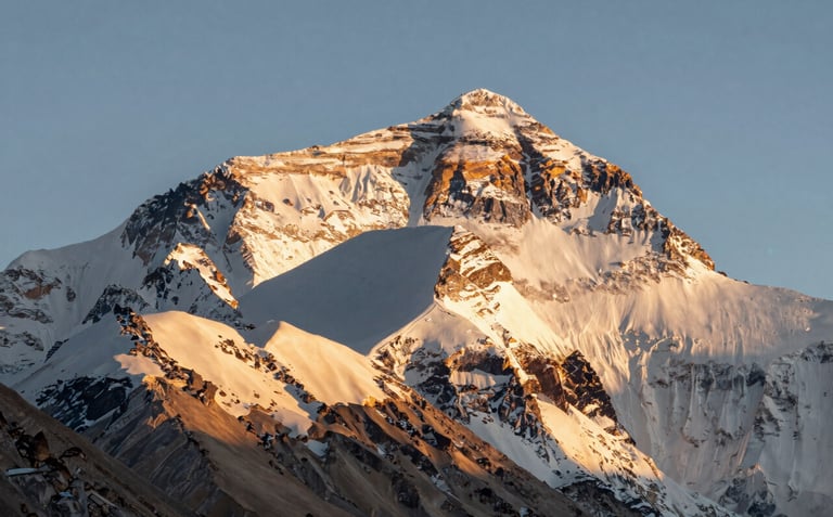 A majestic, close-up photograph of the Mt. Everest summit during the golden hour. The sunlight paints the ice in Earthy Tan and Soft Off-White tones against a clear sky.