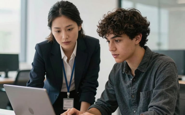 A professional photography shot of an educational consultant and an international student looking at a laptop together in a bright, modern office with charcoal and silver accents. The atmosphere is supportive and empowering.