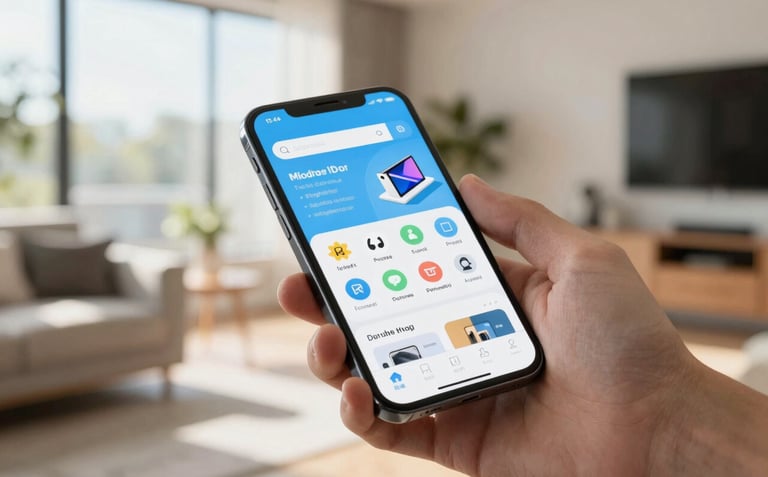 A close-up photograph of a hand holding a high-end smartphone in a sunlit, modern North American apartment. The screen shows a sleek app store interface with clean icons and sky blue accents. The background is softly blurred.
