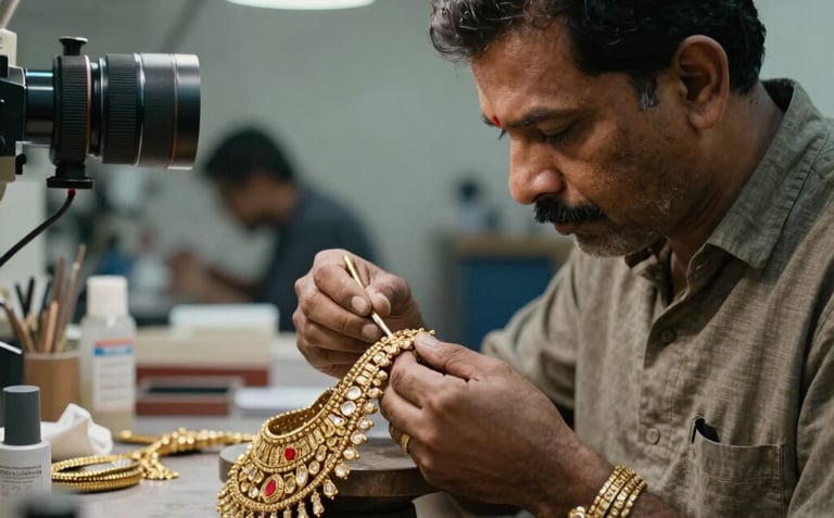 A professional photograph of a master craftsman in a modern South Asian jewelry workshop, meticulously inspecting a detailed gold bridal necklace. The environment is clean and sophisticated, conveying industrial reliability.
