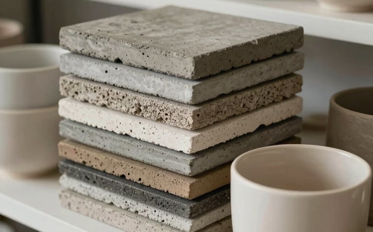 A vertical shot showing a stack of various roster samples—cement, clay, and ceramic—arranged neatly in a minimalist Indonesian showroom. Natural lighting, focus on textures.