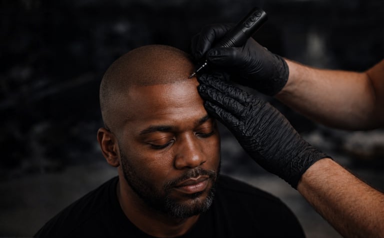 Professional scalp micropigmentation procedure on a bald man's hairline using a specialized tattoo pen.