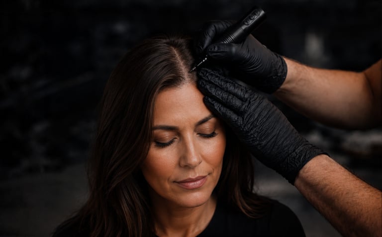 A technician performing scalp micropigmentation on a woman to treat hair thinning and improve density.