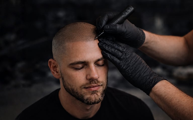 Professional scalp micropigmentation treatment for a man with a buzzed hair look to improve hairline density.