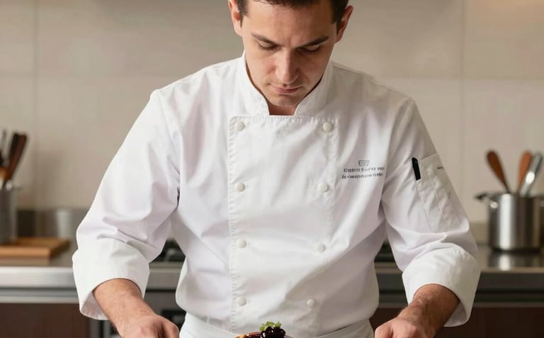 A professional culinary expert in a clean, modern North American studio kitchen, focused on delicately plating a slice of cake. The background features light beige walls and dark brown accents. High-end lifestyle photography.