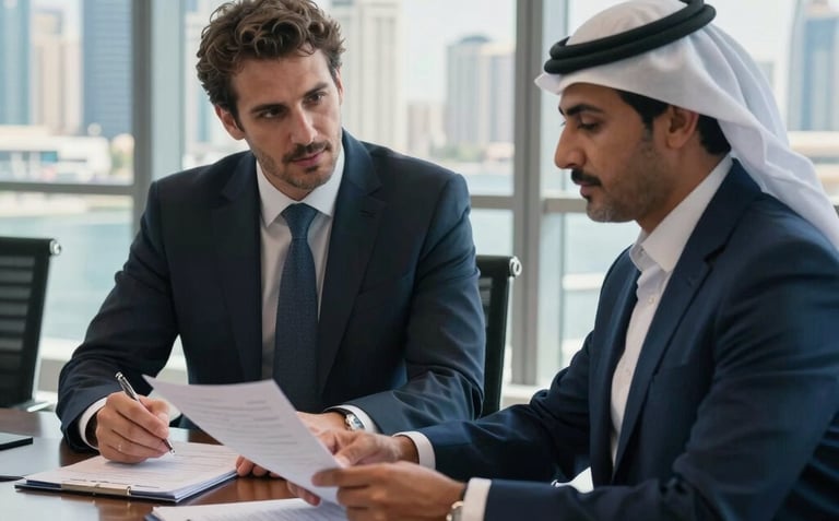 A detailed professional photograph of a corporate meeting in a modern, sunlit boardroom overlooking the Dubai Marina. A European executive and a GCC business partner are looking at documents, presenting a feeling of trust, efficiency, and collaboration. Authoritative deep blues.