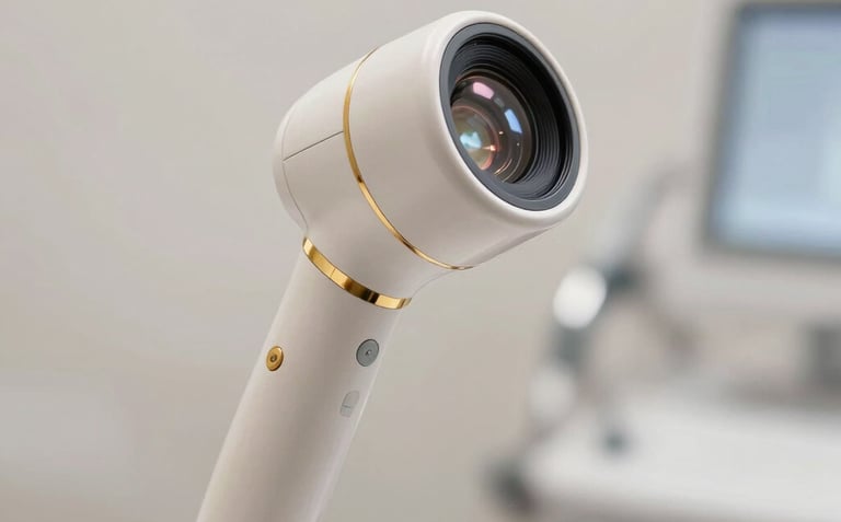 A close-up, high-end photograph of a medical-grade skin treatment device in a minimal clinical setting with soft lighting and light gold accents.