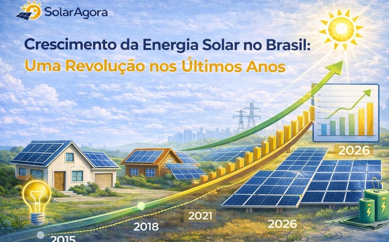 Ilustração mostrando o crescimento da energia solar no Brasil com casas com painéis solares e gráfic
