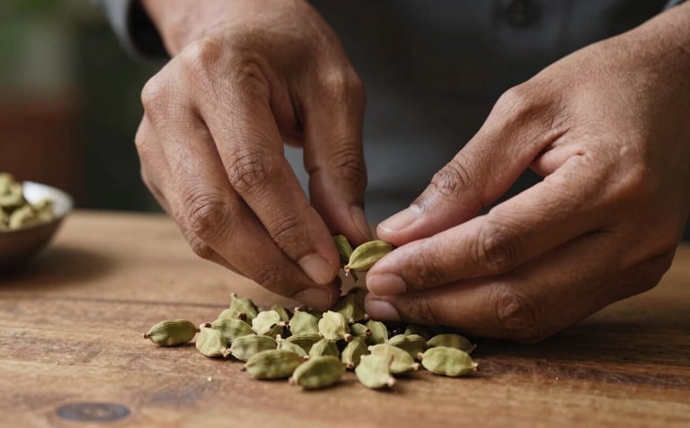 Close-up of a South Asian / Indian spice expert's hands carefully grading fresh green cardamom pods on a rustic wooden table. The lighting is soft and natural, emphasizing trust and quality control.