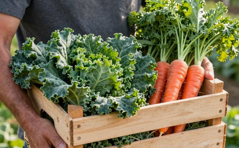 A close-up of a person in North American casual attire holding a large wooden crate overflowing with fresh green kale and bright red carrots in a sunny farm field.