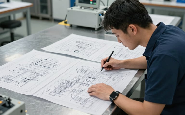 A professional electrical engineer in a clean, modern workshop reviewing large printed blue schematics spread across a steel table. The mood is precise and technical.