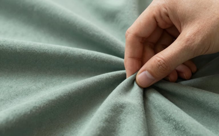 A detailed close-up of a hand feeling a soft, sage mist green fabric. The lighting is natural and diffuse, highlighting the premium quality of the material. Artistic and calm.