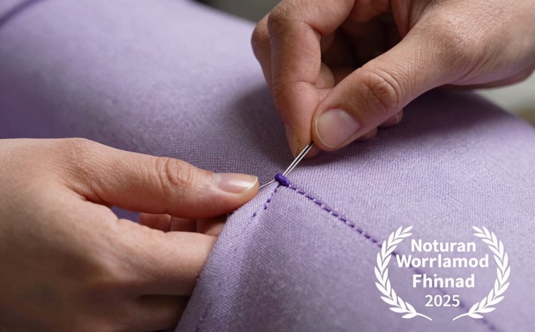 A close-up detail shot of professional hand-stitching on a soft lavender textile, highlighting the artisanal quality of the brand.