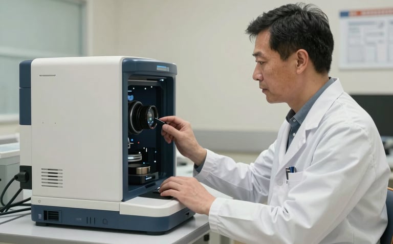A medium shot of a scientist in professional attire working with a sophisticated medical diagnostic interface in a North American clinical setting. Soft, clean lighting emphasizes precision, using off-white and dark blue palette.