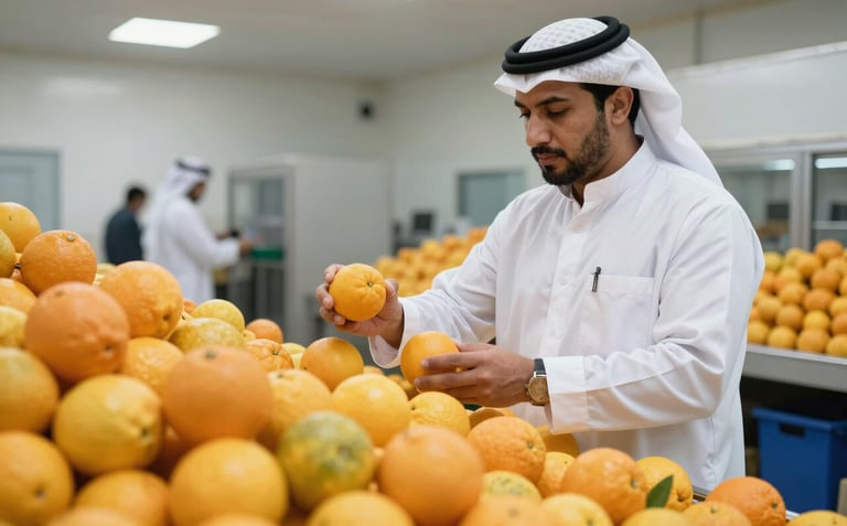 A sharp, professional photograph of an inspector in a Middle Eastern facility checking the quality of fresh citrus fruit, clean industrial background, natural daylight.