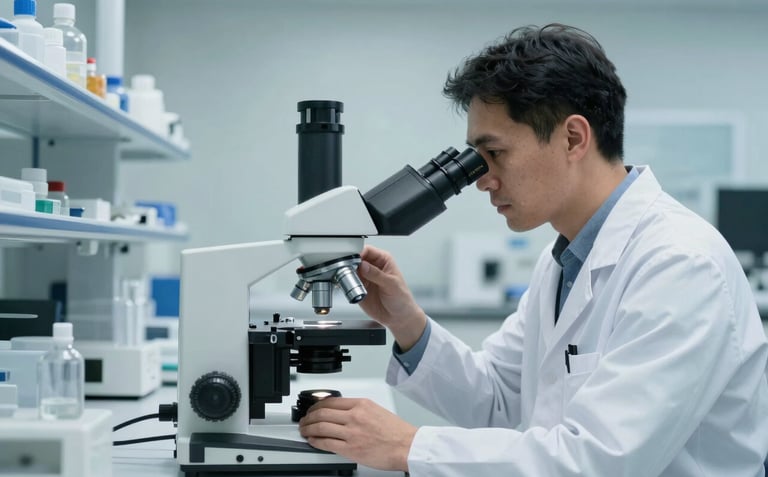 A professional researcher in a clean laboratory environment using a high-end microscope. The setting is bright and clean with a palette of light blue and white. North American / International workplace attire.