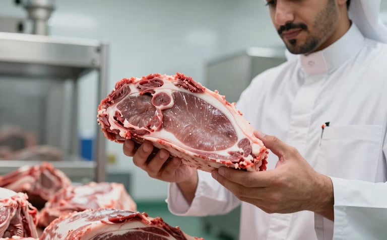 Close-up of a professional in a clean, modern food processing facility in the Middle Eastern / Gulf region, inspecting premium cuts of meat, sterile environment, bright and trustworthy lighting.