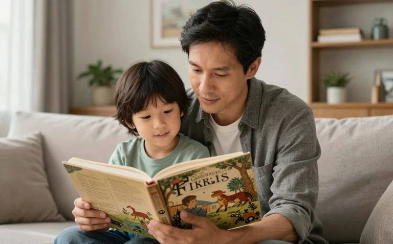 A high-quality photography shot of a parent and child looking at an illustrated history book together in a modern Georgia home. Warm, supportive lighting with a focus on shared learning.