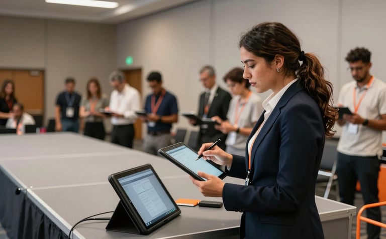 A professional Latin American event coordinator with a digital tablet, overseeing a team setting up a sleek stage in a modern conference hall. The lighting is bright and clear, with orange accents on the equipment.