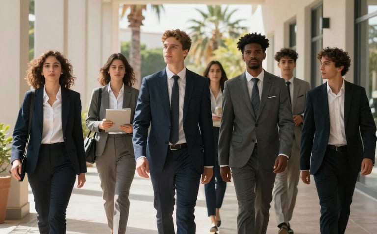 An elegant photo of a diverse group of students in professional business attire walking through a sunlit, modern Mediterranean campus corridor with palm trees visible through the windows.